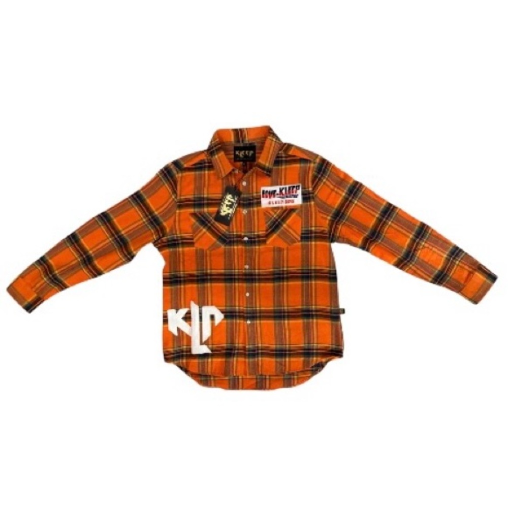 KLEEP Orange Plaid Flannel Button-Up Shirt L Logo Graphic Back‎ “PHRESH” NWT